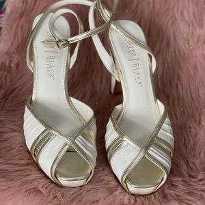 White and gold platform heels